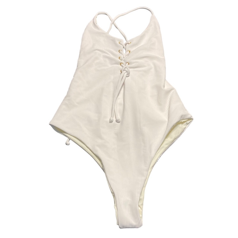SH. Lana White Ribbed One-Piece Swimsuit NWOT Size Medium